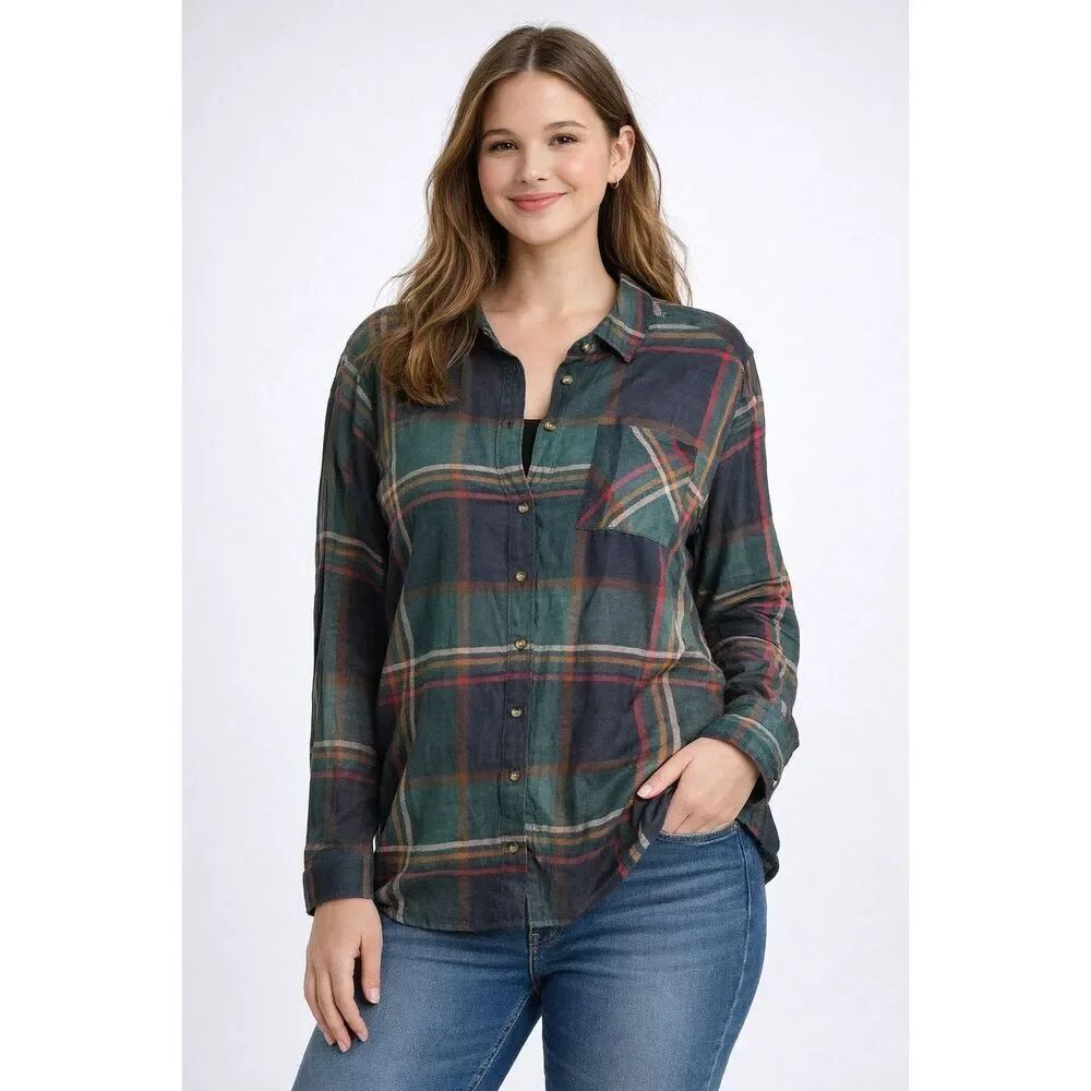 Polly & Esther Plaid Button Up Shirt Green Rayon Pocket Women XL